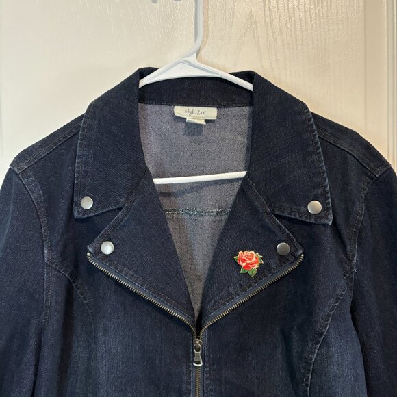 Style & Co Women's Dark Denim Full Zip Snap Collar Jean Jacket, Size Large - Picture 2 of 10